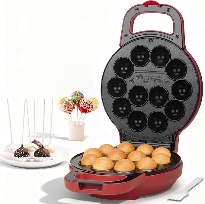 SugarWhisk Flip Cake Pop Maker Machine with Ceramic Coating, Make 12 x 1.4 Inch Cake Pops, Cake Pop Kit for Kids, Cake Pop Supplies, Snack Machine, Recipe & Brushed Included, Red