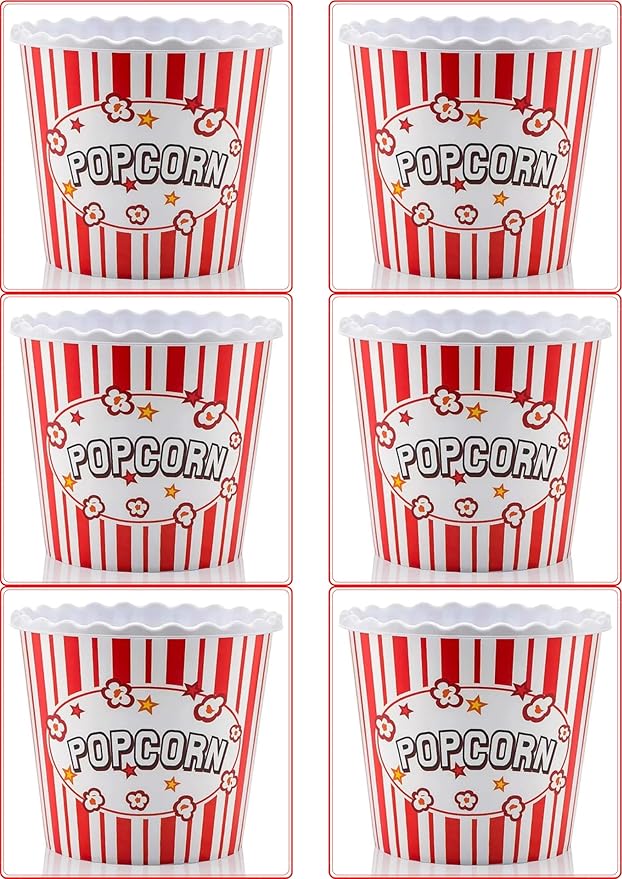 Modern Style Reusable Plastic Popcorn Box/Popcorn Containers/Popcorn Bowls Set for Movie Theater Night - (BPA Free - 6 Pack-75 oz) (6, RED)