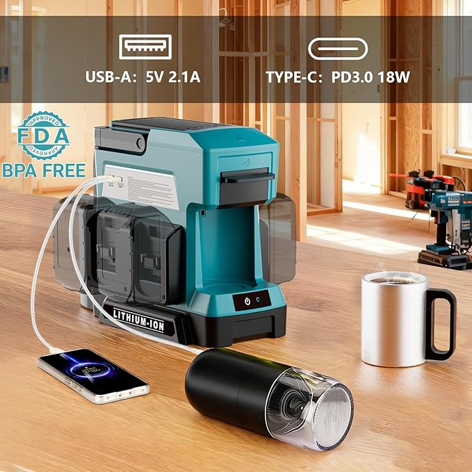 Cordless Coffee Maker for Makita 18V Battery, 3 Brewing Options Drip Coffee Maker with Coffee Grinder, Portable Single Serve Coffee Makers for Camping, Travel, and Jobsite. (Tool Only)