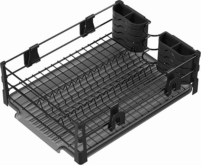 Simple Houseware Dish Drying Rack with Drainboard, Utensil Holder & Mug Hooks, Black Metal Kitchen Counter Organizer