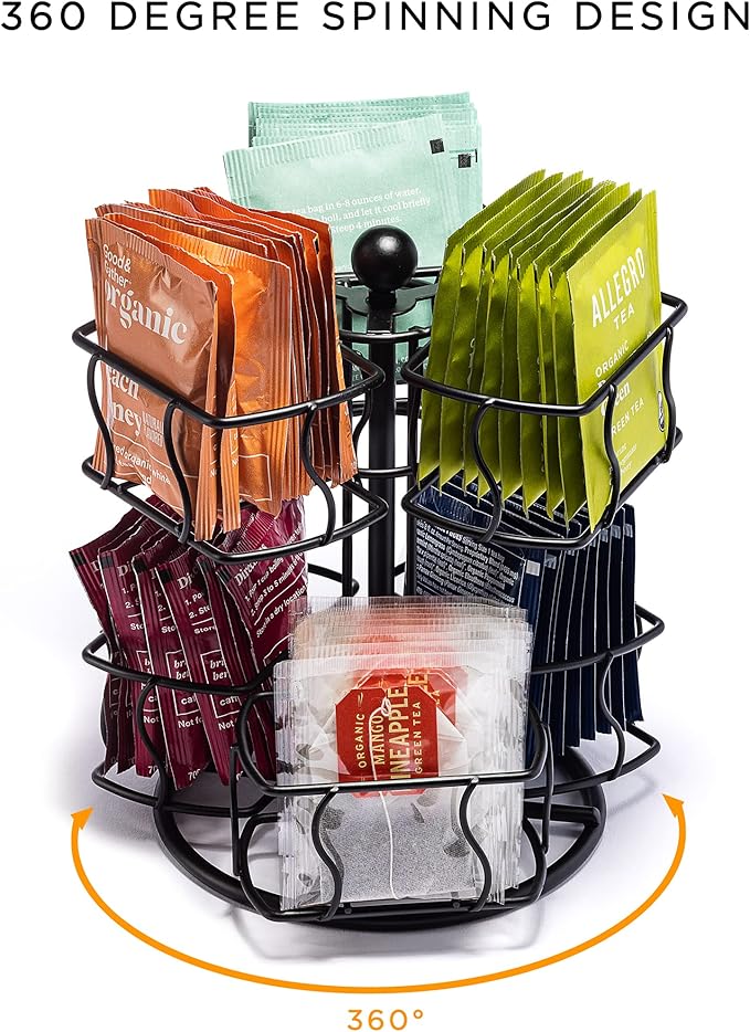 Sorbus Tea Bag Spinning Carousel - Tea Caddy Organizer for Countertop - Matcha Station Accessories - 2 Tier Revolving Storage for Pantry - Holds Up to 60 Large Tea Bags
