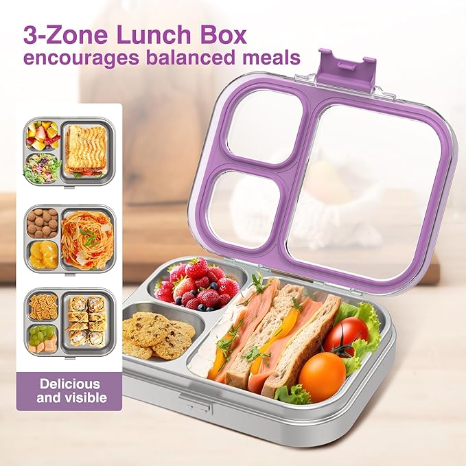 HOMEKOL Stainless Steel Bento Lunch Box, 3-Compartment Leak-Proof Lunch Container for Kids & Adults, BPA/BPS-Free 304 Metal Food Box, Dishwasher Safe, Clear Tritan Lid, Purple (Not Insulated)
