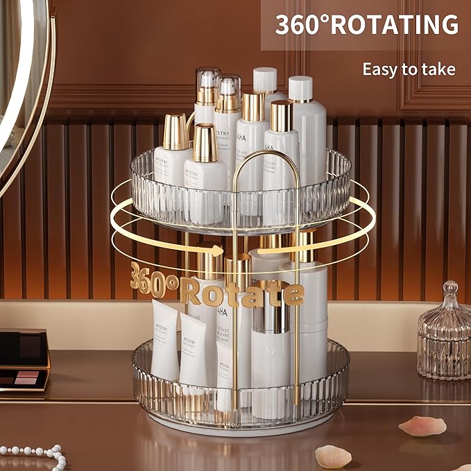YCIA&DONE Rotating Makeup Organizer and Square Rotating Makeup Organizer White 2 Tier
