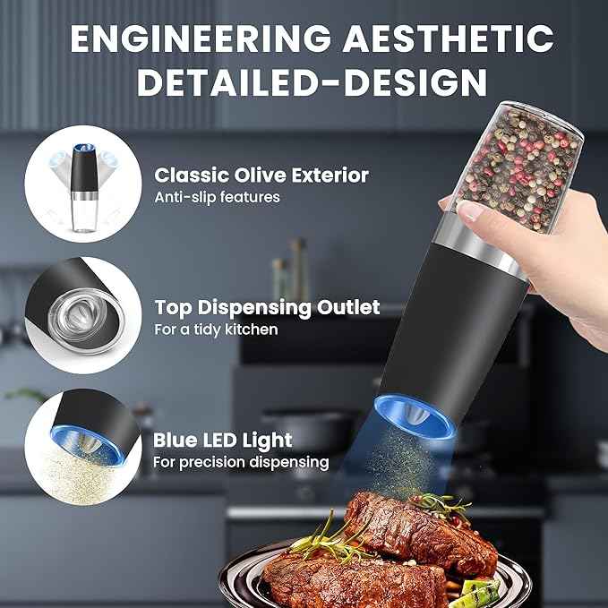 Gravity Electric Salt and Pepper Grinder, Automatic Salt And Pepper Grinder, Adjustable Roughness, Battery Powered, LED Light, 1 Pack, (Black)