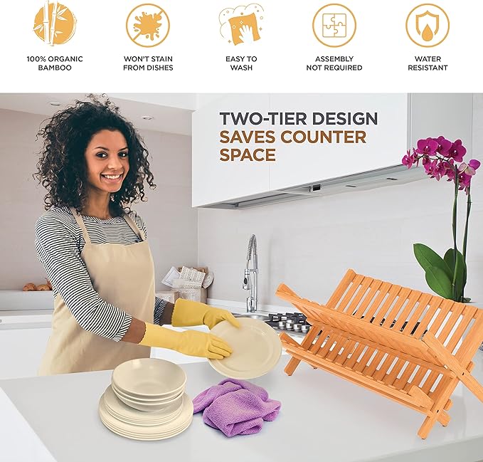 Bamboo Dish Rack and Expandable Drawer Organizer Set Bundle