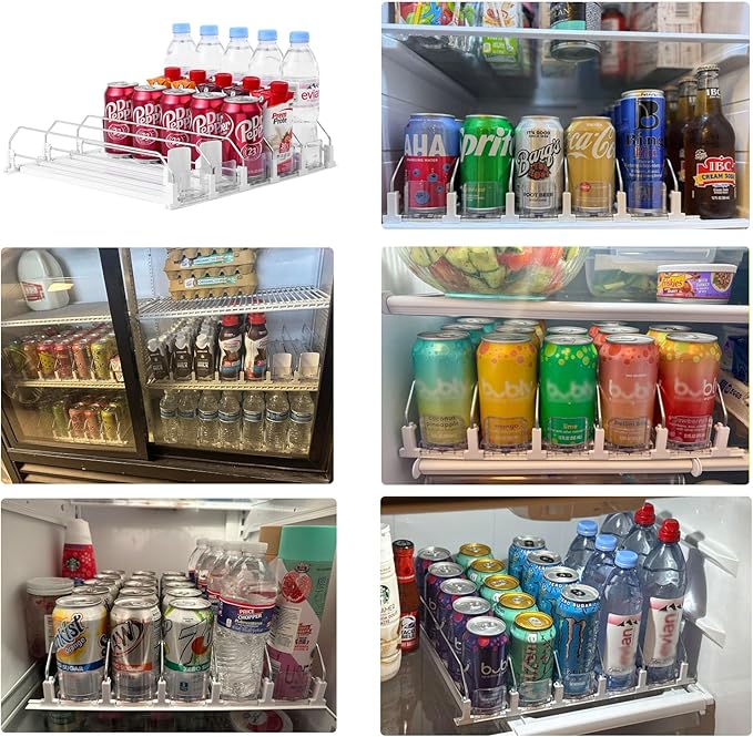 Drink Organizer for Fridge-White Automatic Pusher Glide,12oz 16oz 20oz-Soda Dispenser for Fridge-Holds up to 25 Cans