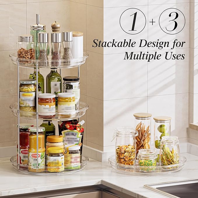 LAMU 3 Pack 10.6'' 2-Tier Lazy Susan Turntable Organizer Rotating Spice Rack Organization for Cabinet, Kitchen, Pantry, Countertop, Bathroom, Vanity, Makeup Organizer, Clear