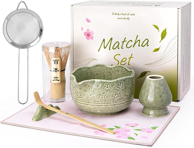 ALBISS Matcha Whisk Set - 7 Pcs Ceramic Matcha Kit with 18oz Spout Bowl & Cherry Blossom Design, Bamboo Whisk & Holder, Scoop, Rest, Sifter, Towel, Elegant Japanese Tea Gift Set for Macha Lover, Green