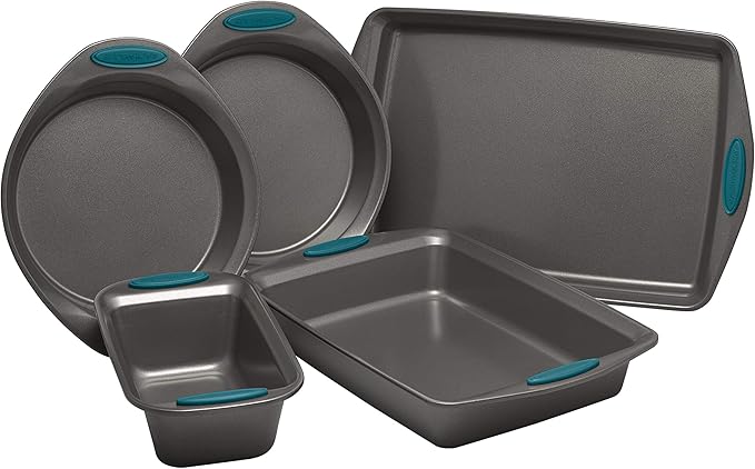 Rachael Ray 47021 Nonstick Bakeware Set with Grips includes Nonstick Baking Pans, Baking Sheet and Nonstick Bread Pan - 5 Piece, Gray with Marine Blue Handles