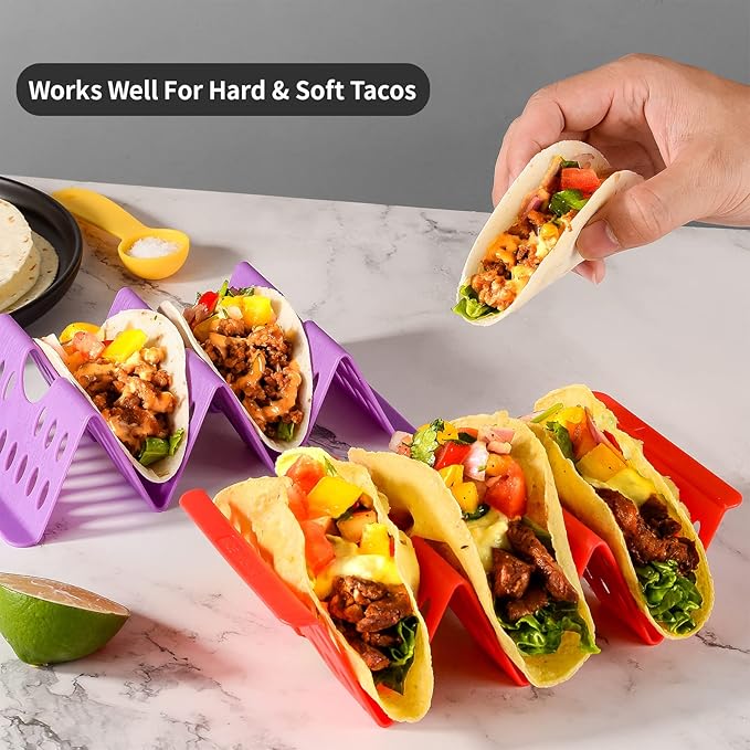 Premium Taco Holder Stand, Colorful Large Taco Holders Set of 6 or 4, Taco Stands for 3 Tacos for Soft/Hard Shells, Street Taco Rack with Plates & Tray, Dishwasher & Microwave Safe