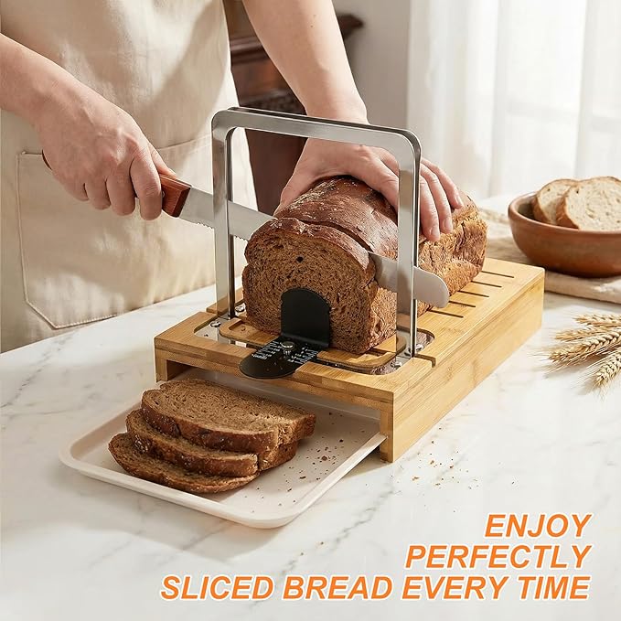 Bamboo Sourdough Bread Slicer for Homemade Breads with Bread Knife，Adjustable Slice Thickness and Bread Width, Stainless Steel Cutting Guides with Crumb Tray for Round Sourdough & Homemade Breads