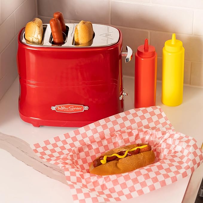 Nostalgia HDT600RETRORED Retro Pop-Up 2 Hot Dog and Bun Toaster, With Mini Tongs, Works With Chicken Dogs, Turkey Dogs, Veggie Links, Sausages and Brats