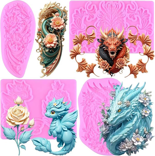 Dragon Silicone Molds Dragon Fondant Candy Chocolate Mold For Cake Decoration Cupcake Topper Polymer Clay Gum Paste Set Of 4
