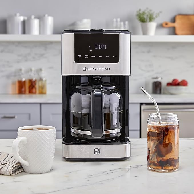 West Bend Drip Coffee Maker Brews Hot or Iced, Programmable with Brew Strength Selector Auto Shut-Off and 6 Functions Permanent Mesh Filter and Glass Carafe, 12-Cup, Metallic