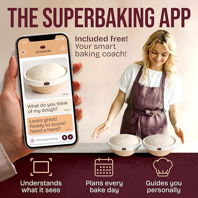 Superbaking 2 pcs Banneton Bread Proofing Basket, 9" Splinter-Free Round Rattan Bread Basket with Liners, Sourdough Starter Kit, Sourdough Bread Baking Supplies & Sourdough Kit, Bread Making Tools