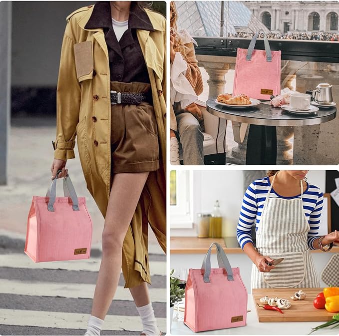 Mziart Minimalist Lunch Bag, Reusable Insulated Lunch Box for Women Men Leakproof Simple Bento Tote Adults Cooler Bag for Work Office Picnic or Travel (Pink)