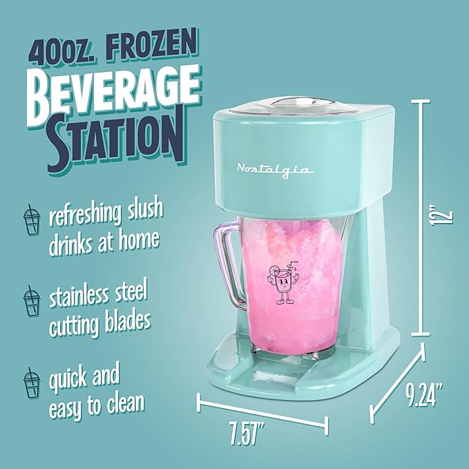 Nostalgia Retro 40-Ounce Frozen Beverage Station - Slushie Machine and Ice Shaver with Automatic Mixing for Soda, Cocktails and Margaritas - Easy & Safe Use - Aqua