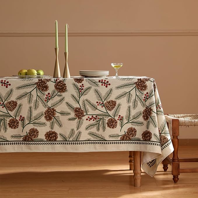 ISAENNE Designer Christmas Beige Linen Small Rectangular Tablecloth,Pinecones Pattern Indoor Tablecloths,Washable Decor Table Cloth for Dining Thanksgiving Kitchen Christmas,55"*71"-Carol B