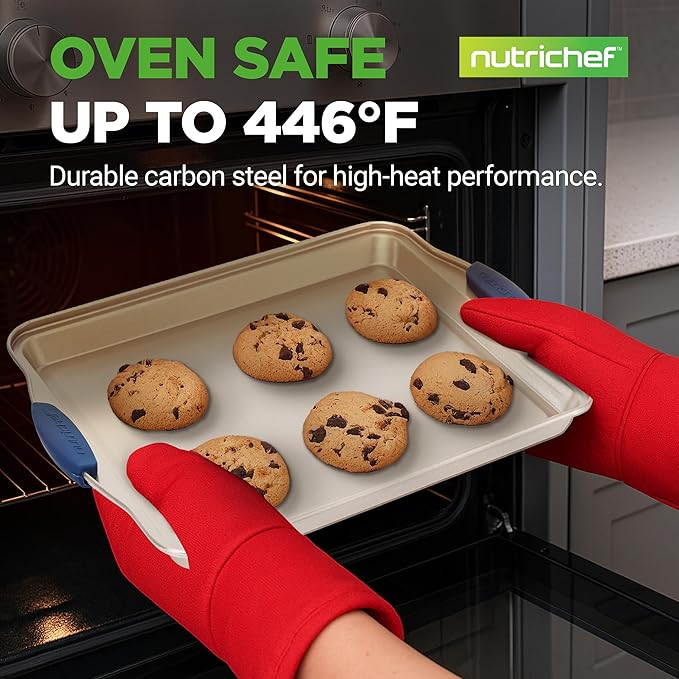 NutriChef Nonstick Baking Pans Set - Carbon Steel Bakeware with Blue Silicone Handles, Even Heat Distribution, Durable & Reliable 3-Piece Cookie Sheet Set in Small, Medium, Large Sizes (Gold)