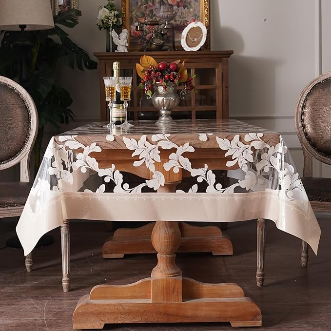 Waterproof Clear Table Cover Protector Vinyl Rectangle Table Cloth Oil Spill Proof Wipe Clean Plastic Tablecloths for Dining Tables (Scroll Grass, 60 x 104 Inches)