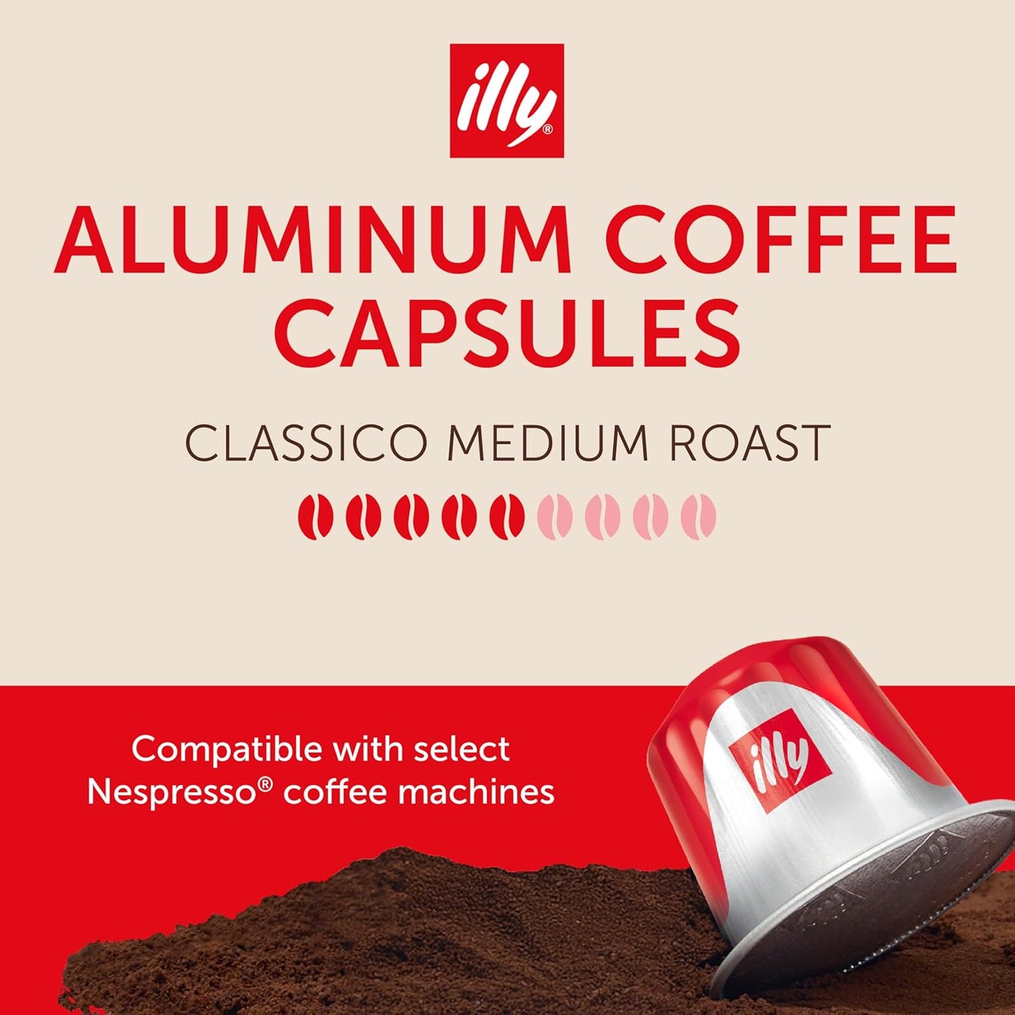 illy Aluminum Espresso Capsules - Compatible with Nespresso Machines - Classico Medium Roast Coffee- Mild&Balanced-Notes of Caramel,Orange Blossom&Jasmine Single Serve Capsules - 10 Count (Pack of 5)