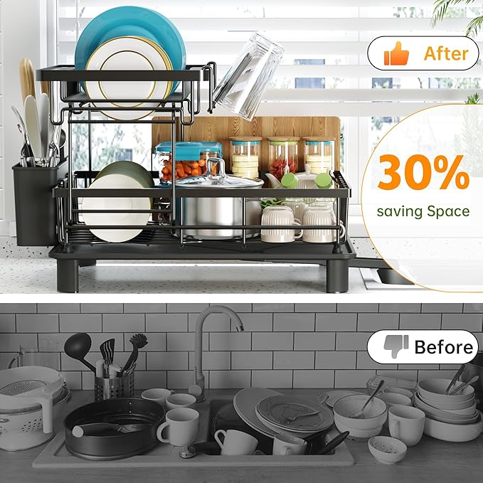 Dish Drying Rack, 2 Tier Dish Racks for Kitchen Counter, Compact Drying Rack Kitchen, Rust-Resistant Dish Drainer, Detachable Space-Saving Dish Rack with Drainboard, Utensil Holder, Black
