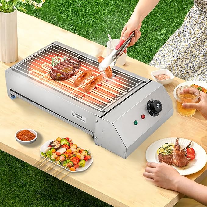 Electric Grill Griddle, Commercial Electric Indoor BBQ Grill with Temperature Control to 572°F, Removable Grill and Griddle Plates, Portable Stainless Steel Barbecue Oven Grill