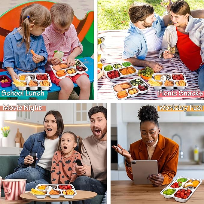 Stainless Steel Snack Containers with Plastic Lids - 3 Pack - 5 Compartments Bento Snack Boxes - Large Reusable Meal Prep for Kids Adult - Divided Food Storage Container for School, Lunch, Home Travel