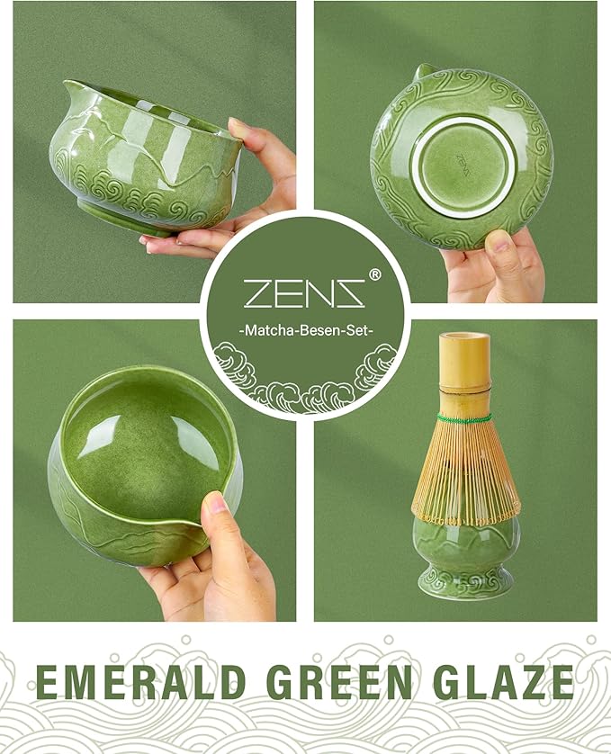 ZENS Matcha Whisk Set, 17oz Ceramic Matcha Set Includes Matcha Bowl and Matcha Cup, Bamboo Whisk & Chasen Holder, Sifter, Scoop & Tea Towel, 7pcs Matcha Kit for Matcha Latte, Emerald Green
