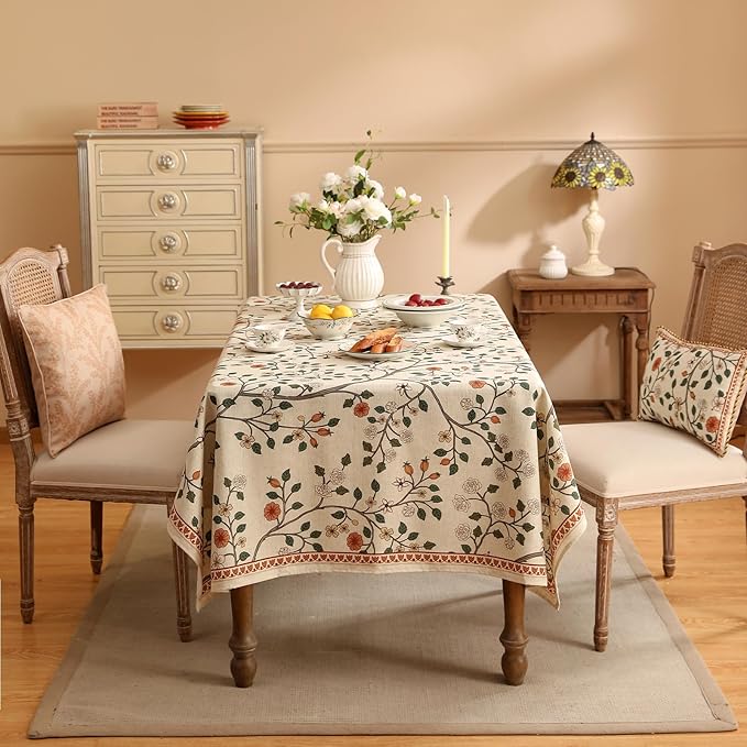 ISAENNE Designer Floral Square Tablecloth,French Linen Light Beige Indoor Table Cloth,Fall Wrinkle Resistant Home Decor Tablecloths for Dining Thanksgiving Kitchen Party,67"*67"-Flora A