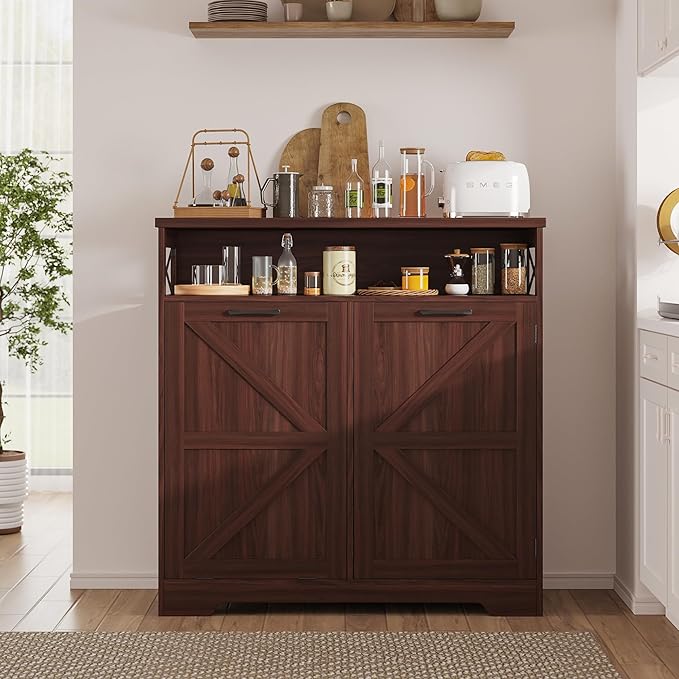 Tilt Out Trash Can Cabinet for 13 * 1 Gallon Trash Can, Farmhouse Kitchen Island Cabinet with Adjustable Shelf for Hidden Laundry Basket, Dog Proof Garbage Can for Dining Living Room, Dark Brown