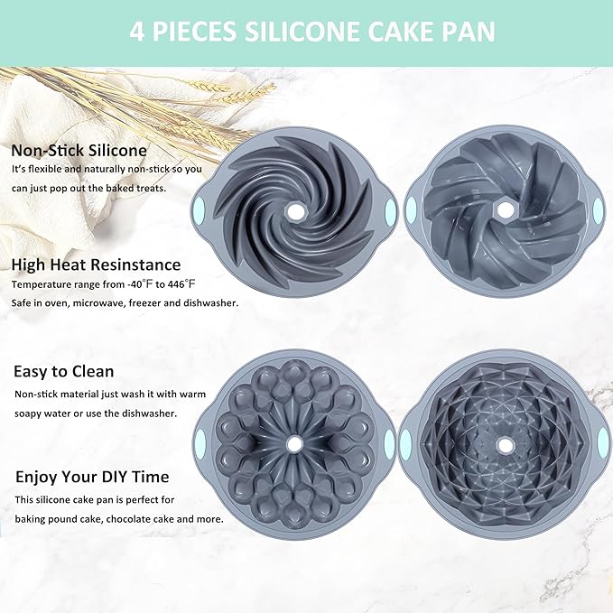 Tongjude 4 Pieces Silicone Fluted Cake Pans, 9/10/12 Cups Tube Baking Pan, Silicone Molds for Homemade Cake, Bread and Jello, Non-Stick, Grey
