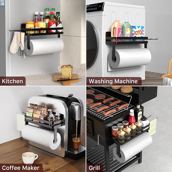 ZUNTO Magnetic Paper Towel Holder for Fridge, Black Kitchen Organizer with Towel Roll Holder, Spice Shelf and 2 Hanging Racks(No Drilling)
