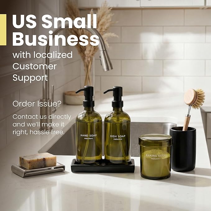 Maisonovo Kitchen Soap Dispenser Set - Hand and Dish Soap Dispenser Set with Green Glass Soap Dispenser, Black Pumps & Ceramic Tray