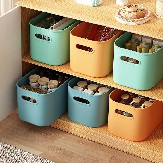 ORGIDOL 6 Pack Colorful Storage Bins with Lids Stackable Storage Container for Organizing, Storage Boxes with Handle for Shelves, Cute Storage Bin for Craft, Snacks, 9.85x6.9x5.7 inch