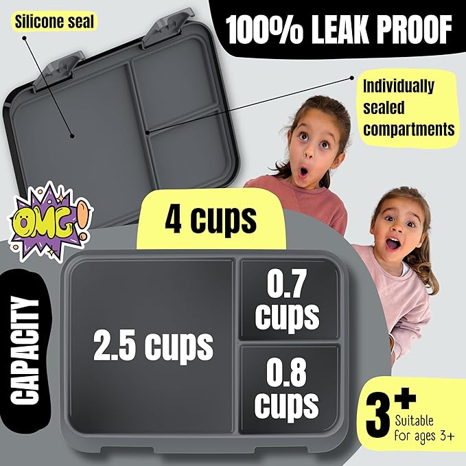 BEARFOOT Kids Lunch Box with Compartments – Compact & Lightweight | Leak-Proof, BPA-Free, Dishwasher & Microwave Safe | Hand-Drawn Design for Preschool, School, Travel (Dinos Black, 4 Cups)