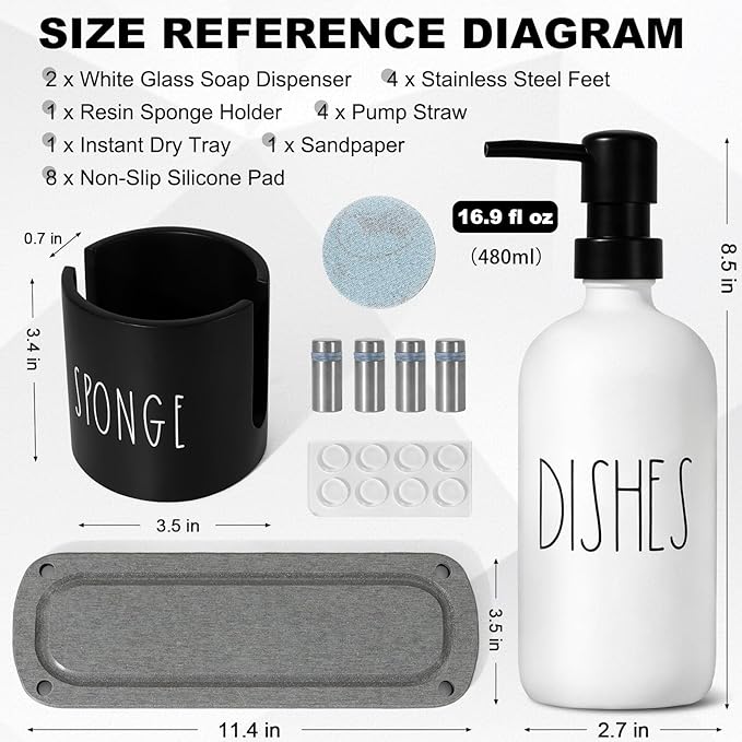 ALPIRIRAL Kitchen Soap Dispenser Set,16.9 fl oz Hand and Dish Soap Dispensers with Tray, Kitchen Soap Dispenser Set with Sponge Holder, Instant Dry Tray,Kitchen Decor(White&Black)
