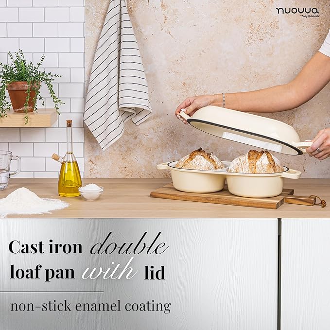 Dutch Oven For Sourdough Bread Baking – Enamelled Cast Iron Bread Loaf Pot – 500°F Oven Safe Non Stick Bread Pot – Double Round Loaf Space, 16.5cm Diameter, Cream, – by Nuovva