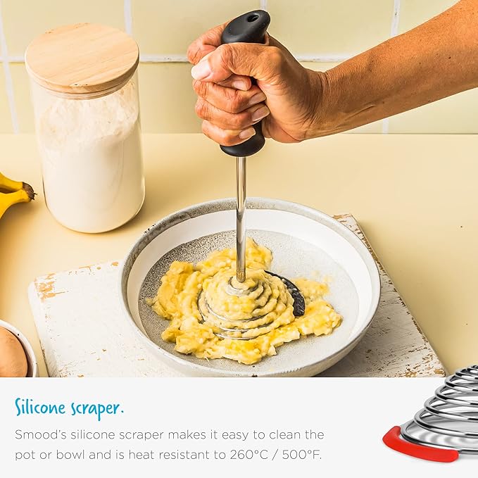 Dreamfarm Smood One-Handed & Ergonomic Soft-Grip, Stainless-Steel Vegetable & Potato Masher with Silicone Bowl Scraper - Black