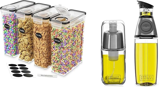 DWËLLZA KITCHEN 4 Pack Cereal Containers Storage - 17 oz Olive Oil Dispenser Bottle & 6 oz Glass Olive Oil Sprayer