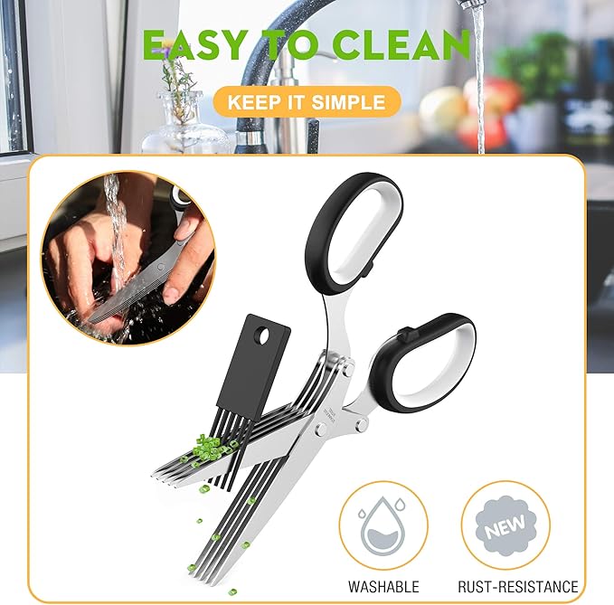 Herb Scissors Set - Updated 2025 Cool Kitchen Gadgets for Cutting Fresh Garden Herbs - Herb Cutter Shears with 5 Blades and Cover, Sharp and Anti-rust Stainless Steel, Dishwasher Safe (Black-White)