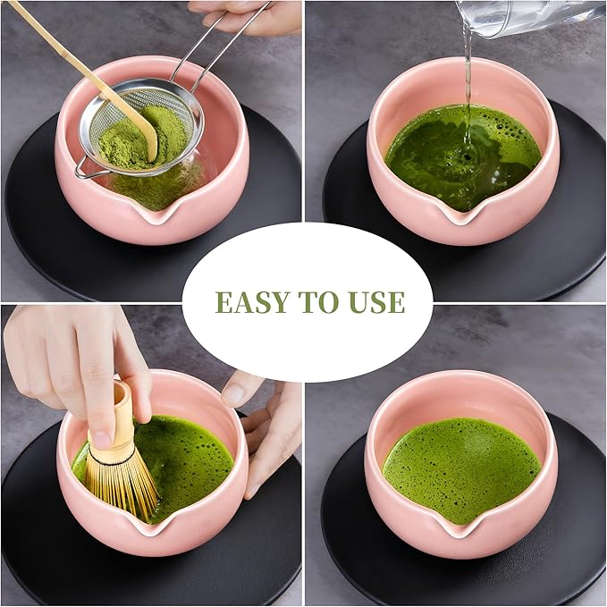 YIBO Matcha Whisk Set Pink, Handcrafted Bamboo Chasen & Ceramic Bowl Matcha Kit, Holder, Stainless Steel Sifter, Scoop Measuring Spoon & Cup Tools for Matcha Tea Ceremony