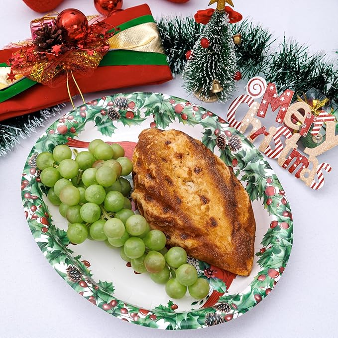 WDF 50Pack Christmas Paper Plates - 10" x 12" Oval Winter Paper Plates/Christmas Plates Disposable - Christmas Dinner Plates Disposable Platter Heavy Duty for Happy Christmas Serving Tray