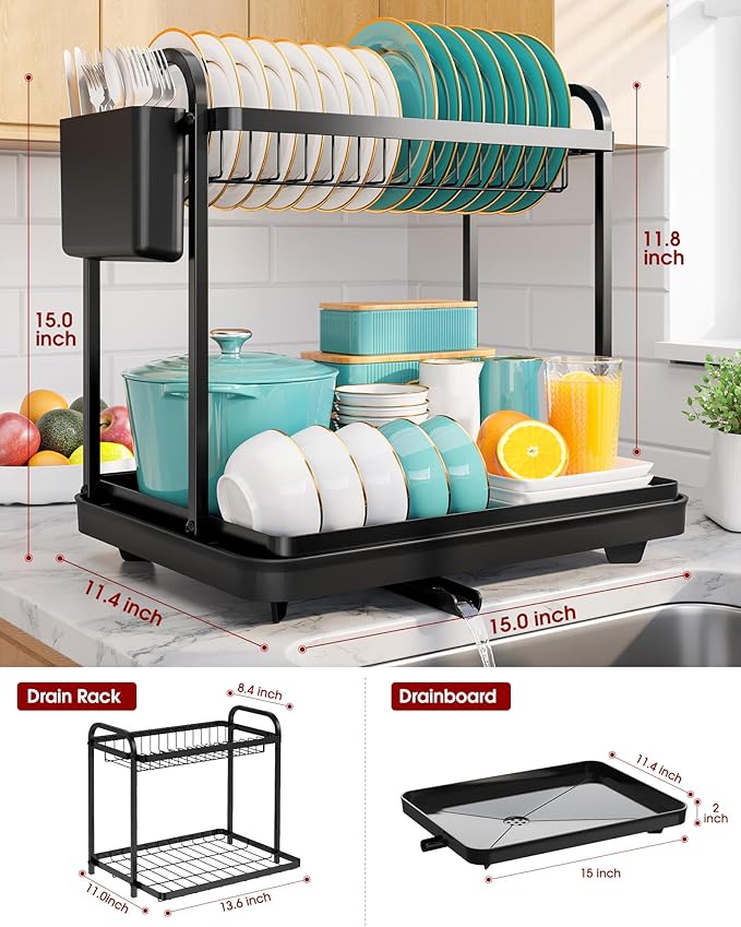 Sakugi 2-Tier Dish Drying Rack - Stainless Steel Dish Rack with Cutlery & Utensil Holders for Kitchen Counter, Sink Organization and Storage for Small Family, 15" W x 11.4" L x 15" H, Black