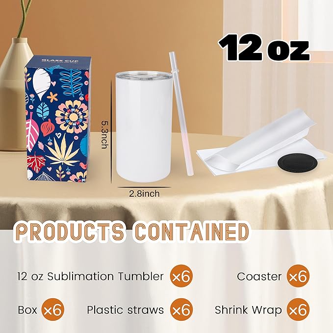 Joyclub 6 Pack Sublimation Tumblers Stainless Steel Insulated 12 oz Sublimation Tumbler with Lids and Straw, Ideal for DIY Gifts, Tea, Coffee, Wine