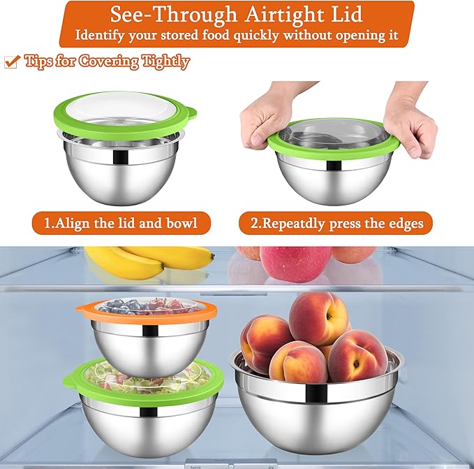 LIANYU Mixing Bowls with Lid Set of 3, Large & Small Stainless Steel Metal Salad Mixing Bowls, 1.5 & 3 & 4.6QT Sizes For Kitchen Cooking, Baking, Storage, Food Prepping, Serving, Three-Color