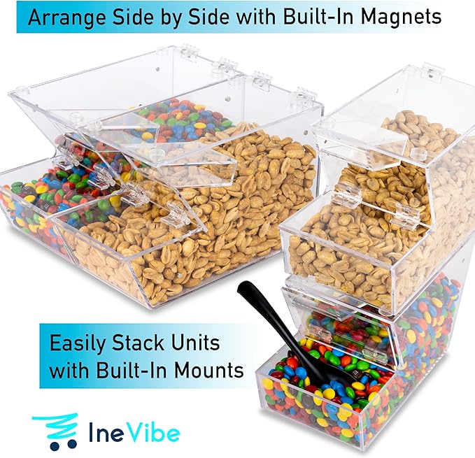 Inevibe Candy Bin Topping Dispenser - Acrylic Bulk Sprinkle Container with Scoop, Stackable & Magnetic for Multiple Holders - For Cereal, Nuts, Candies & Snack Food Storage - 2 Pack