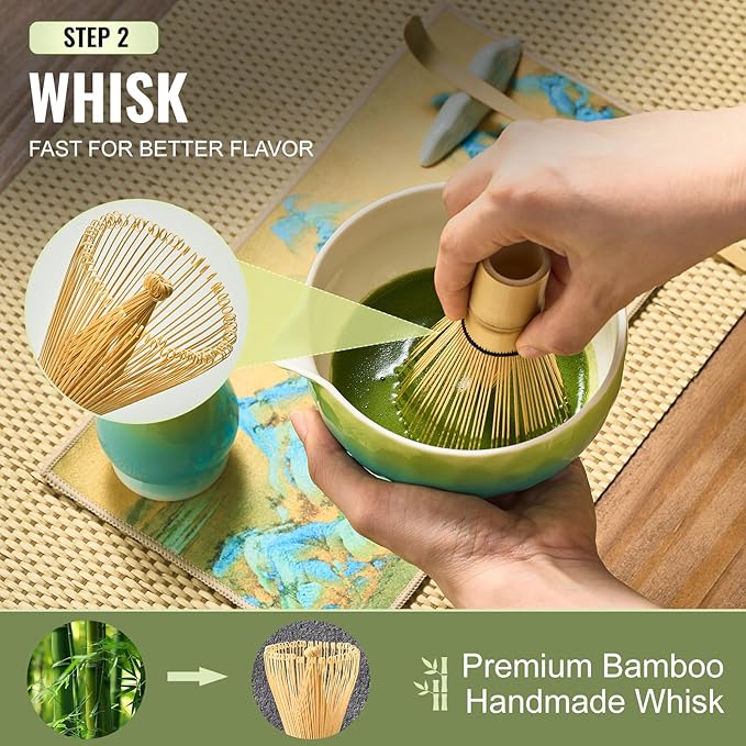 Matcha Whisk Set 7 Pcs, Matcha Kit with Bowl, Whisk and Holder, Bamboo Scoop, Scoop Rest, Sifter & Tea Towel, matcha Tea set Gifts for Matche Lovers Making Latte Breakfast