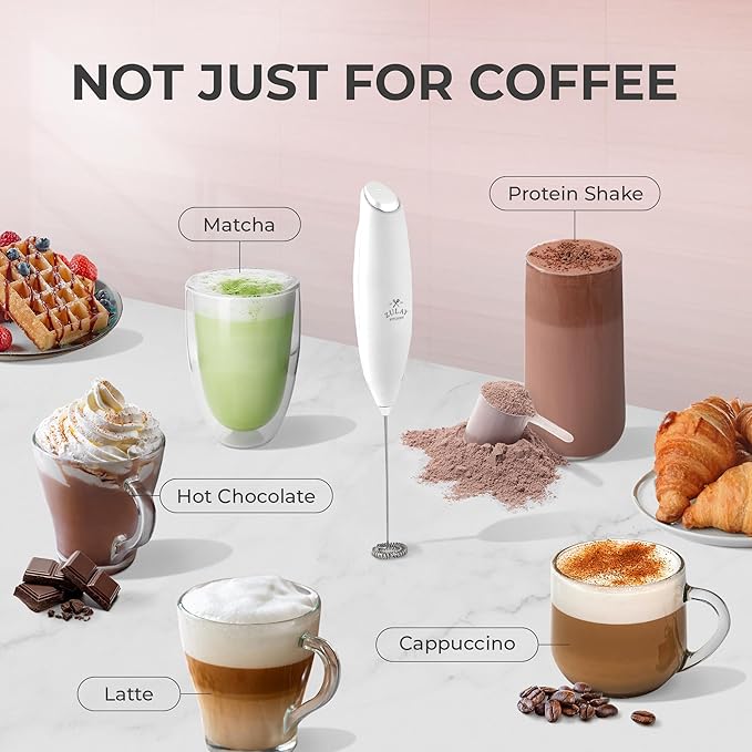 Zulay Milk Frother Wand – Handheld Electric Coffee Frother, Battery Operated Drink Mixer – 13,000 RPM Titanium Motor, Detachable Whisk, Easy Clean Foam Maker for Latte & Matcha – Executive White