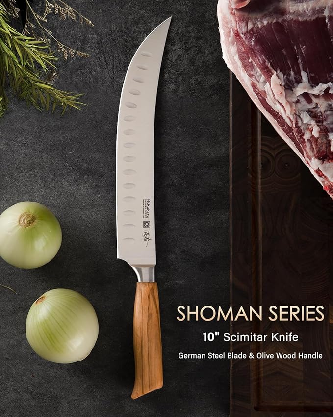 Mitsuharu 10" Butcher Knife, SHOMAN Series Curved Cimitar Breaking Knives, with Ergonomic Olive Wood Handle, German Steel Carving, Sharp Meat Slicing for Roast Ham with Case (Butcher Knife)